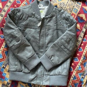 Grey zip up boys faux leather jacket.
